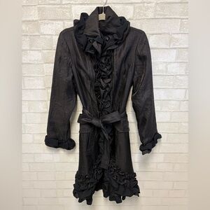 Samuel Dong Ruffle Trim Black Belted Trench Coat Size Small